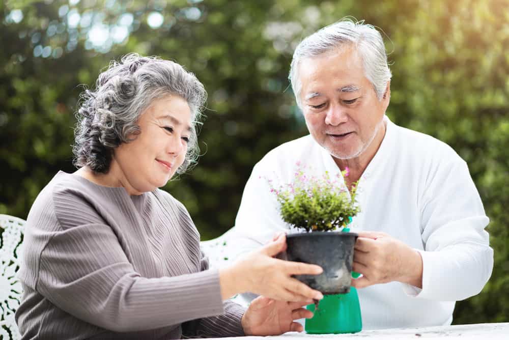Male and female senior living residents potting a plant outdoors on the patio at Quincy Place Senior Living