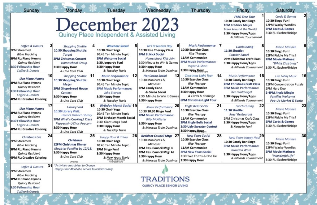 December 2023 Quincy Place Senior Living Independent & Assisted Living Event Calendar. Blue border with snowflakes and reindeer