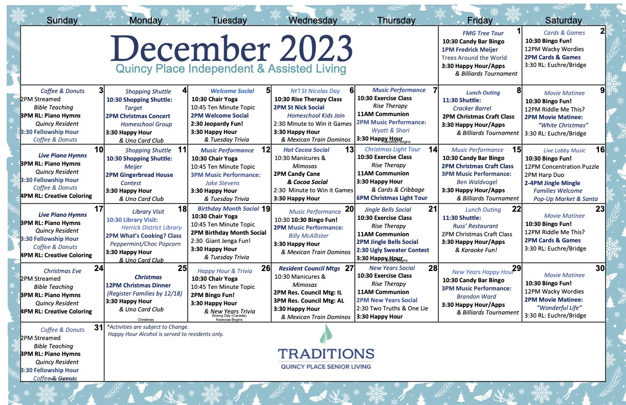 Quincy Place December 2023 Calendar showing all the activities for everyday of the month